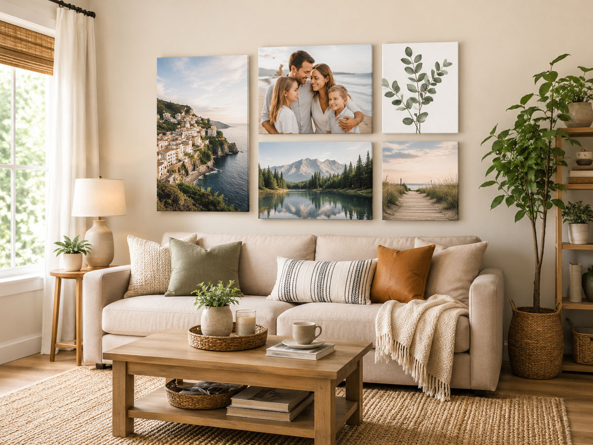Affordable Canvas Prints Ideas for Budget-Friendly Home Decor Affordable canvas prints displayed on a living room wall above a sofa, showing stylish budget-friendly home decor ideas with personalised wall art.