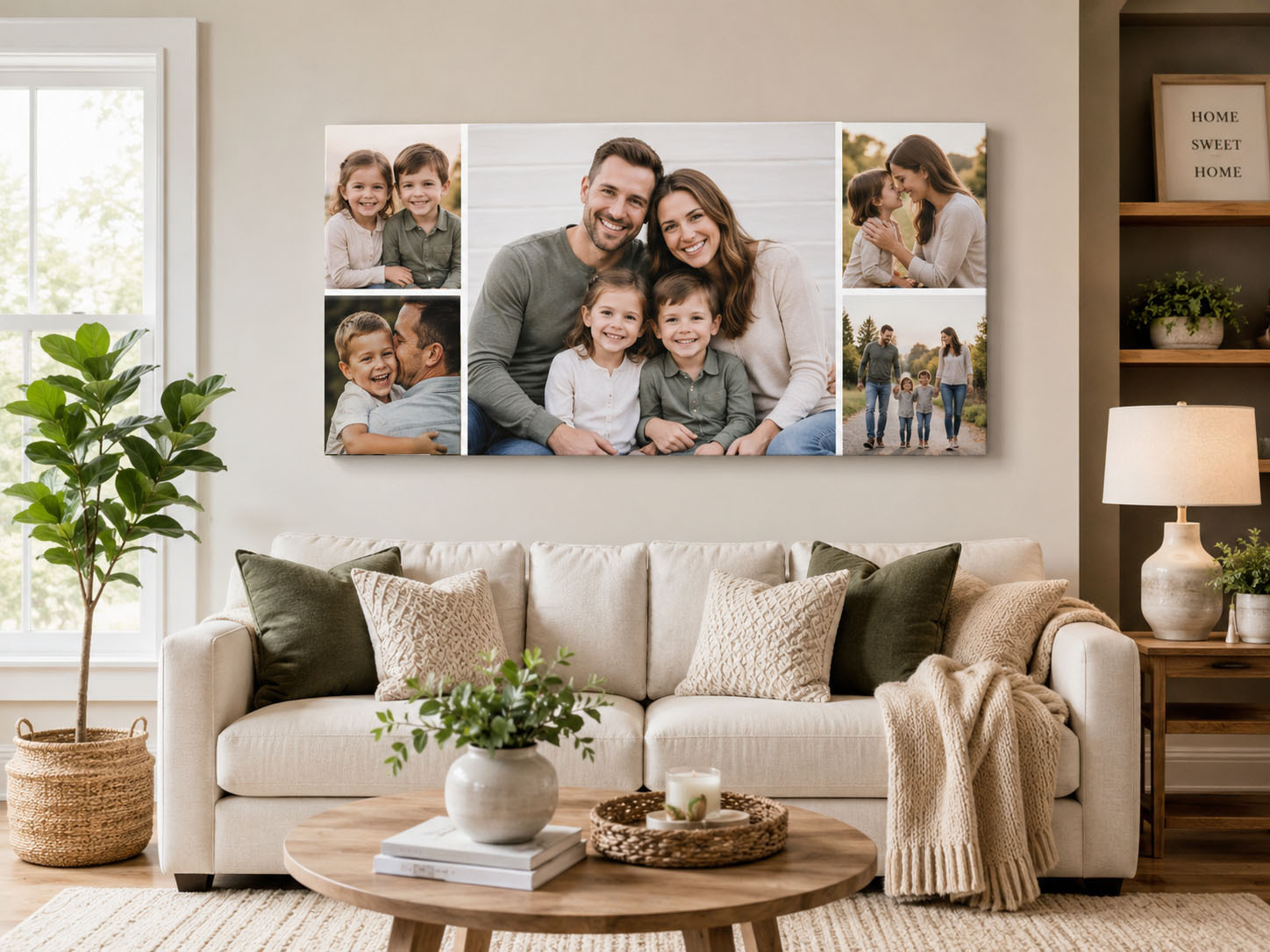 Affordable family photo canvas art displayed above a sofa in a cozy living room, featuring multiple family memories in a custom collage canvas design.