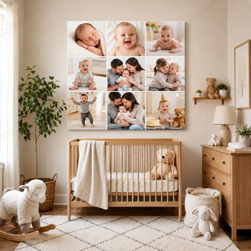 A cozy Scandinavian-style nursery featuring a large 9-grid baby collage canvas above the crib, showcasing milestone photos from newborn to toddler stage. This wall art demonstrates how baby and kids collage canvas prints can turn growth memories into meaningful home decor.