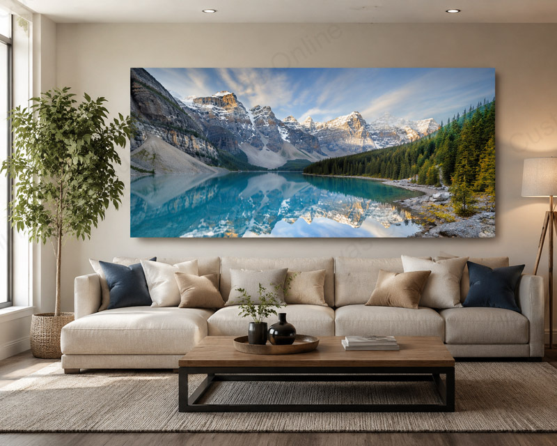 A large custom canvas print displayed above a sofa in a modern Scandinavian-style living room, featuring a minimalist interior design with neutral tones, natural light, and contemporary home decor styling.