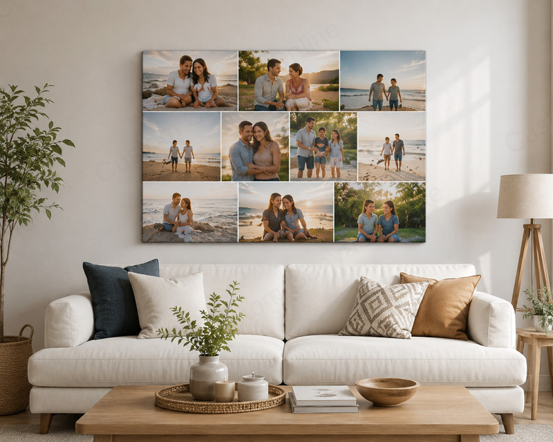 Canvas Collage Size Example for Living Room Example of a large canvas collage displayed above a sofa. Choosing the right canvas collage size helps create a balanced and visually appealing feature wall.
