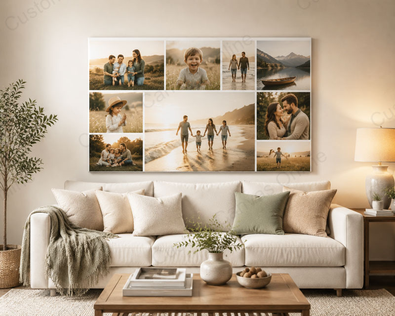 Family Photo Wall Art Inspiration Modern living room featuring a custom family photo canvas collage displayed above a sofa, creating a personalized and meaningful wall art focal point.