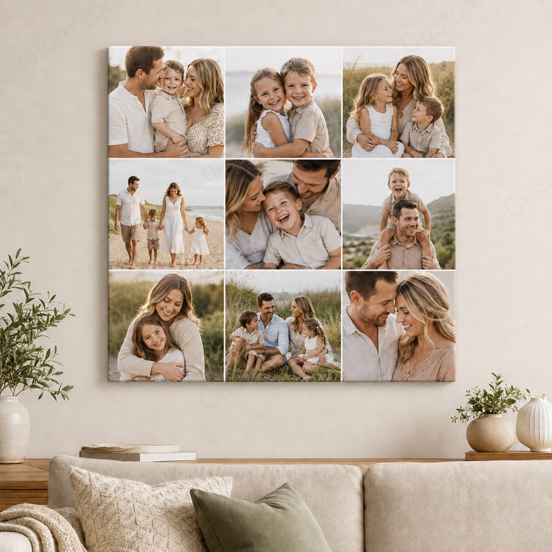 Professional canvas photo collage grid layout displayed in modern living room wall art design featuring family photos and balanced composition