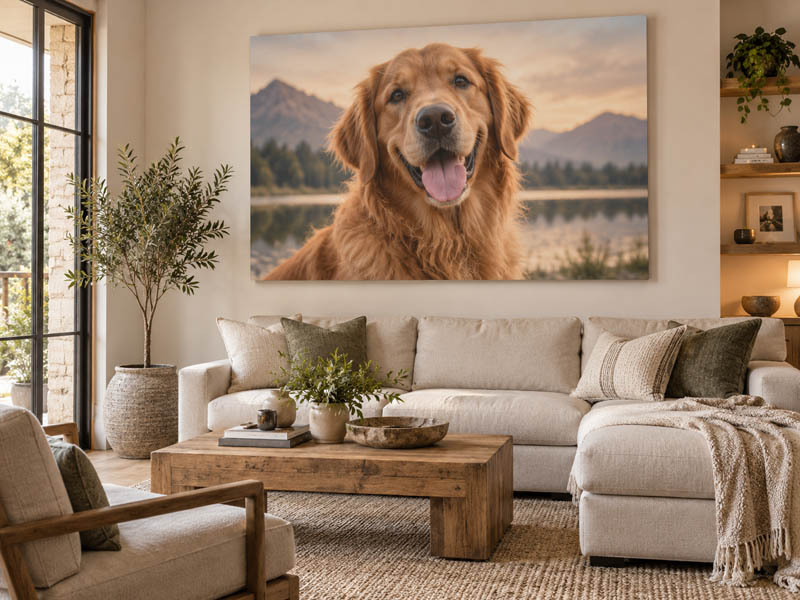 Large dog canvas print displayed above a sofa in a cozy living room, featuring a golden retriever portrait as personalised pet wall art. Large Dog Canvas Print for Living Room Wall Art