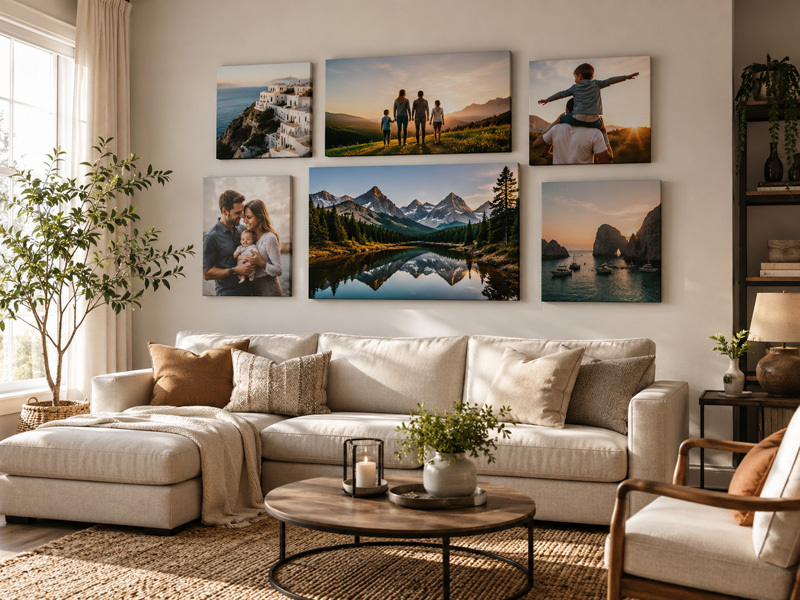 Living Room Photo Canvas Ideas for a Stunning Feature Wall Modern living room featuring a photo canvas feature wall above a sofa, with family, travel, and landscape canvas prints arranged as stylish home decor.