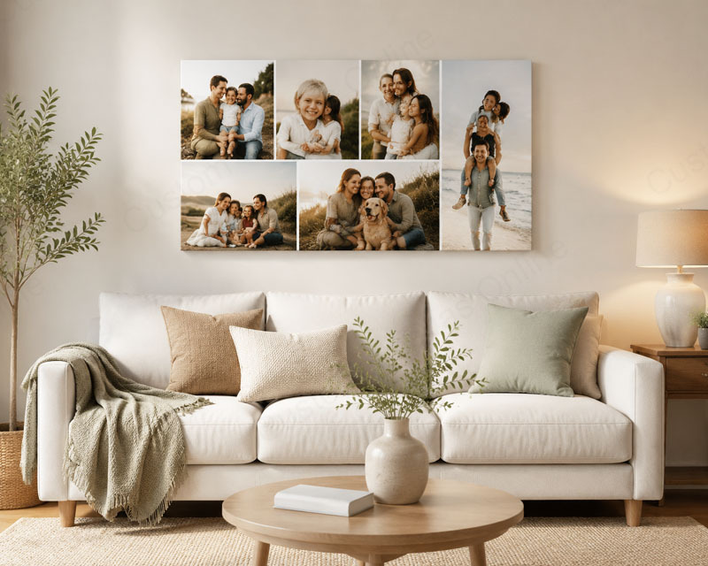 family photo collage above sofa Modern living room with a canvas collage wall art above the sofa, featuring family photos in a warm neutral interior design style.