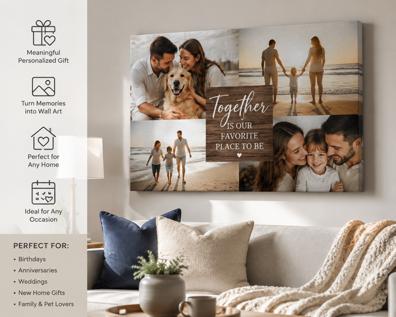 Personalized Custom Canvas Prints Make Meaningful Gifts Personalized custom canvas print displayed in a modern living room, showing family memories transformed into meaningful wall art and a unique gift idea.