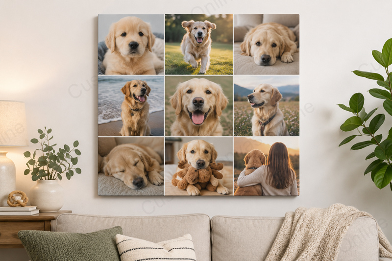 A cozy living room featuring a pet photo collage canvas with nine golden retriever photos arranged in a clean grid layout. This image shows how dog photos can be turned into personalized pet wall art for the home.