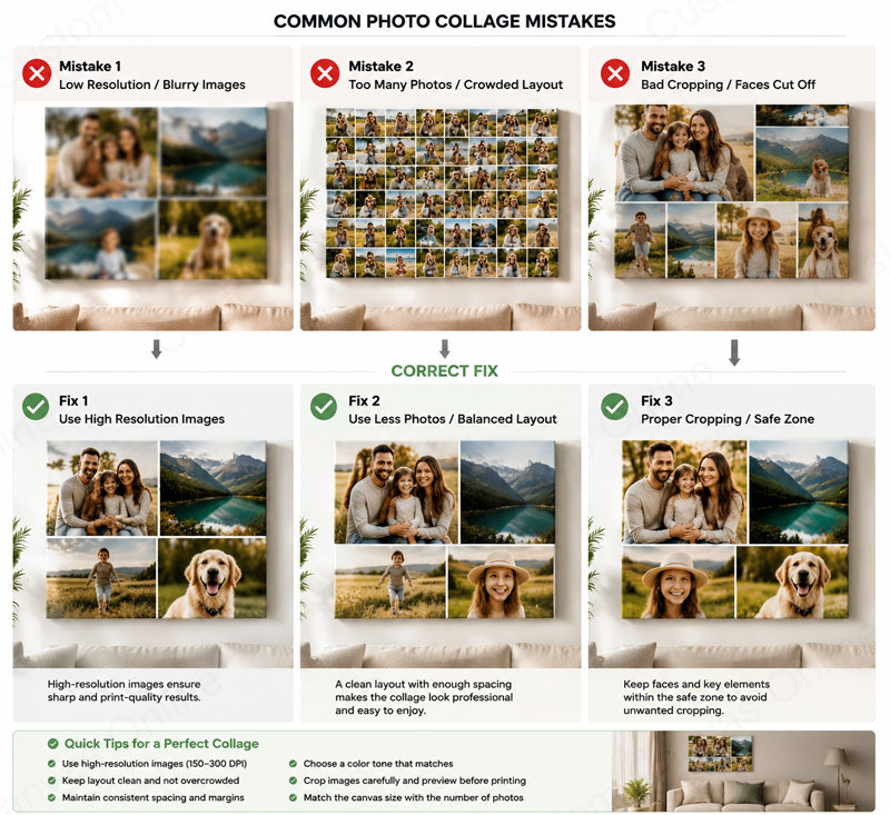 Common photo collage mistakes and correct fixes including low resolution images, crowded layout, and bad cropping with improved canvas collage design examples