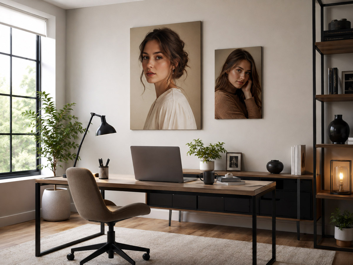 Portrait Canvas Prints for Home Office Wall Art Portrait canvas prints displayed in a modern home office, creating a stylish and inspiring workspace with personalised wall art.