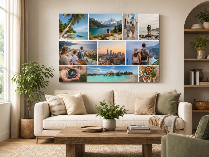 A travel collage canvas displayed in a warm modern living room, showing multiple holiday memories in one custom canvas design. Perfect inspiration for turning travel photos into meaningful wall art.