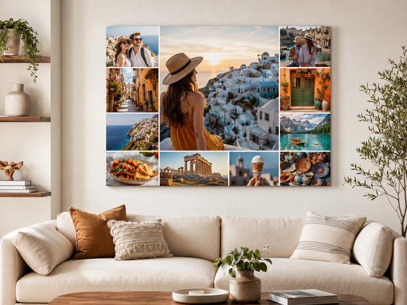 Travel collage canvas displayed above a sofa, featuring a balanced mix of people photos, landscape views, and travel detail shots for personalized wall art.