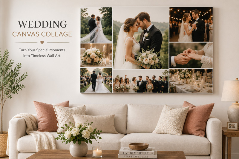 Wedding canvas collage displayed above a sofa in a modern living room, featuring romantic wedding photos arranged in one custom canvas photo collage.